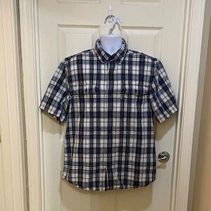 Carhartt-Button down-Short Sleeve-Relaxed Fit-Blue Plaid-100% Cotton-Men's Large